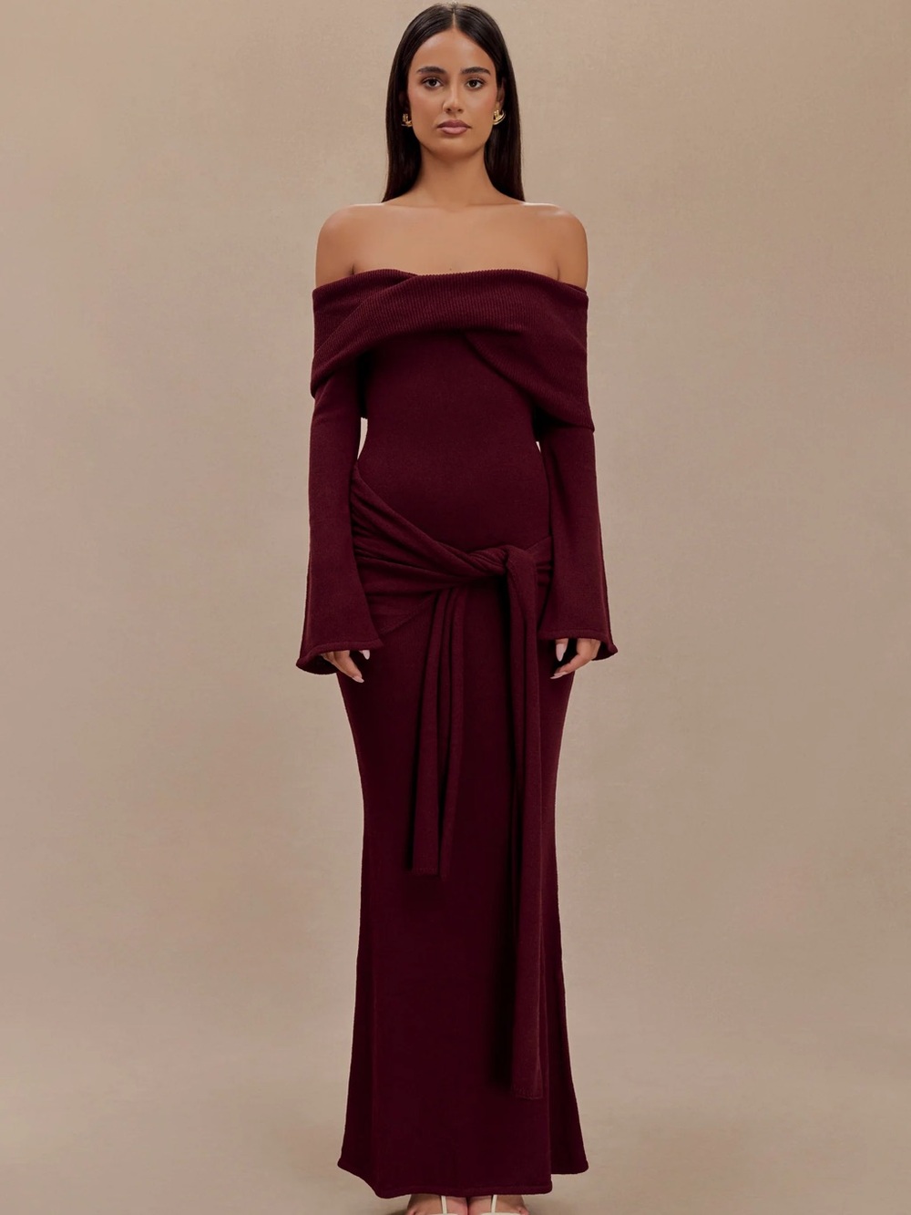 Meshki medium Off-Shoulder Burgundy Knit Maxi Dress with Tie Waist